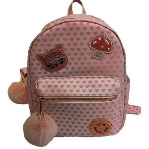 Pink Hearts with Cute Cat Smiley Mushroom Patches Small Backpack